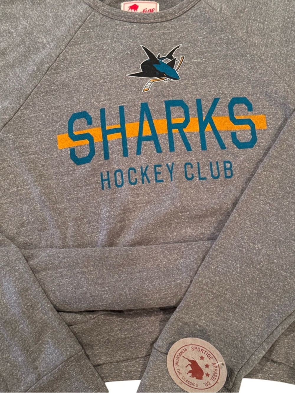 Long fit Heather Gray Crewneck with Teal & Gold Sharks Hockey Logo